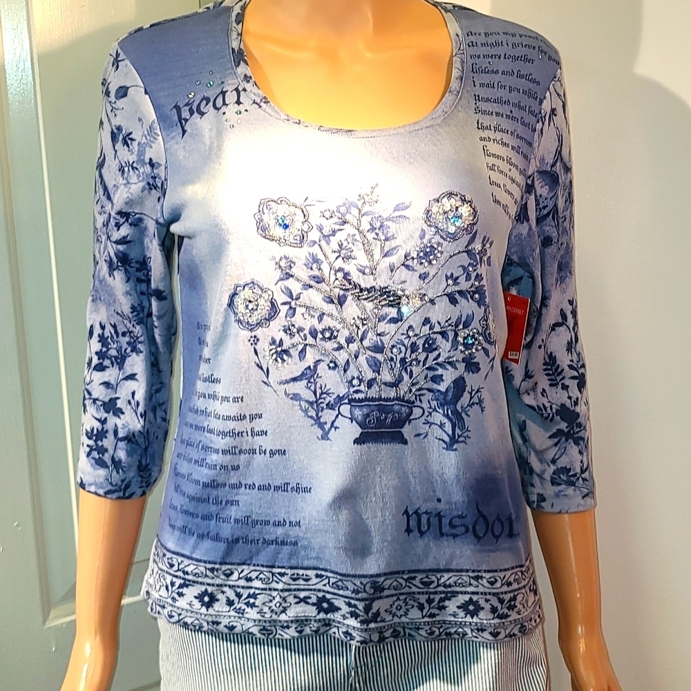 Gloria Vanderbilt Sequins & Rhinestone Embellished   Blue Floral Blouse